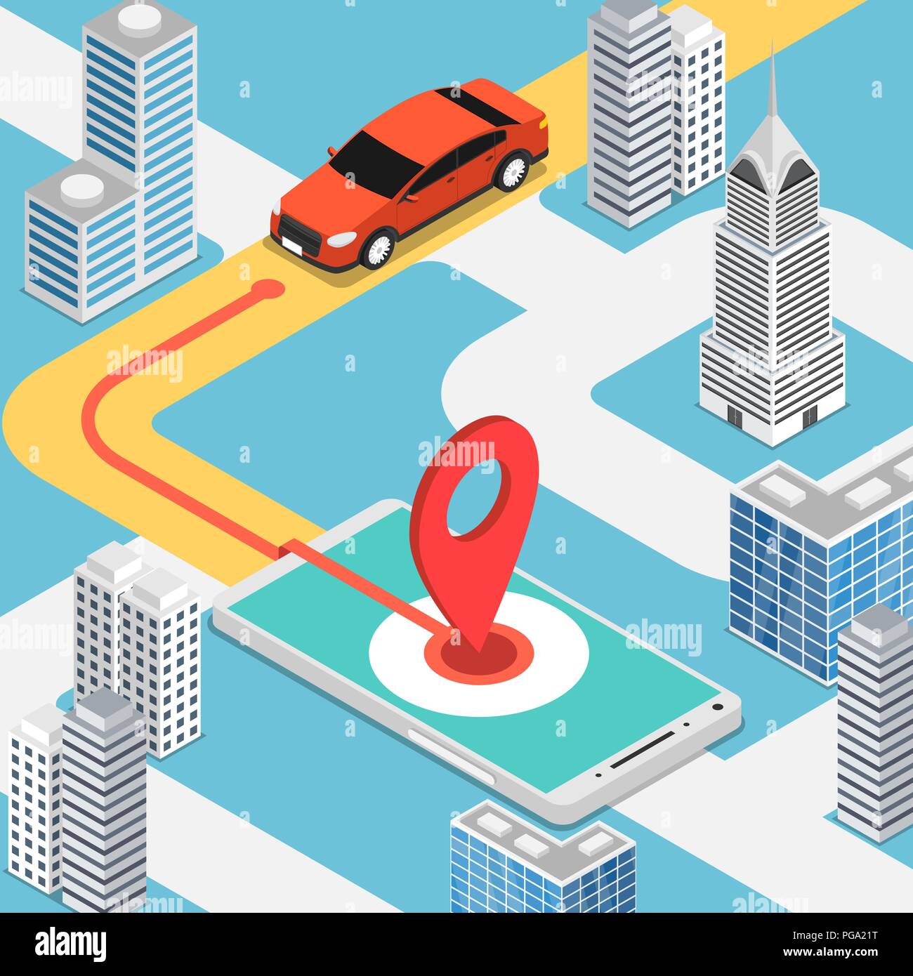 Wohnung 3 d isometrische Auto auf mobilen Karte Anwendung ermitteln. Mobile gps-Navigation Technologie Konzept. Stock Vektor