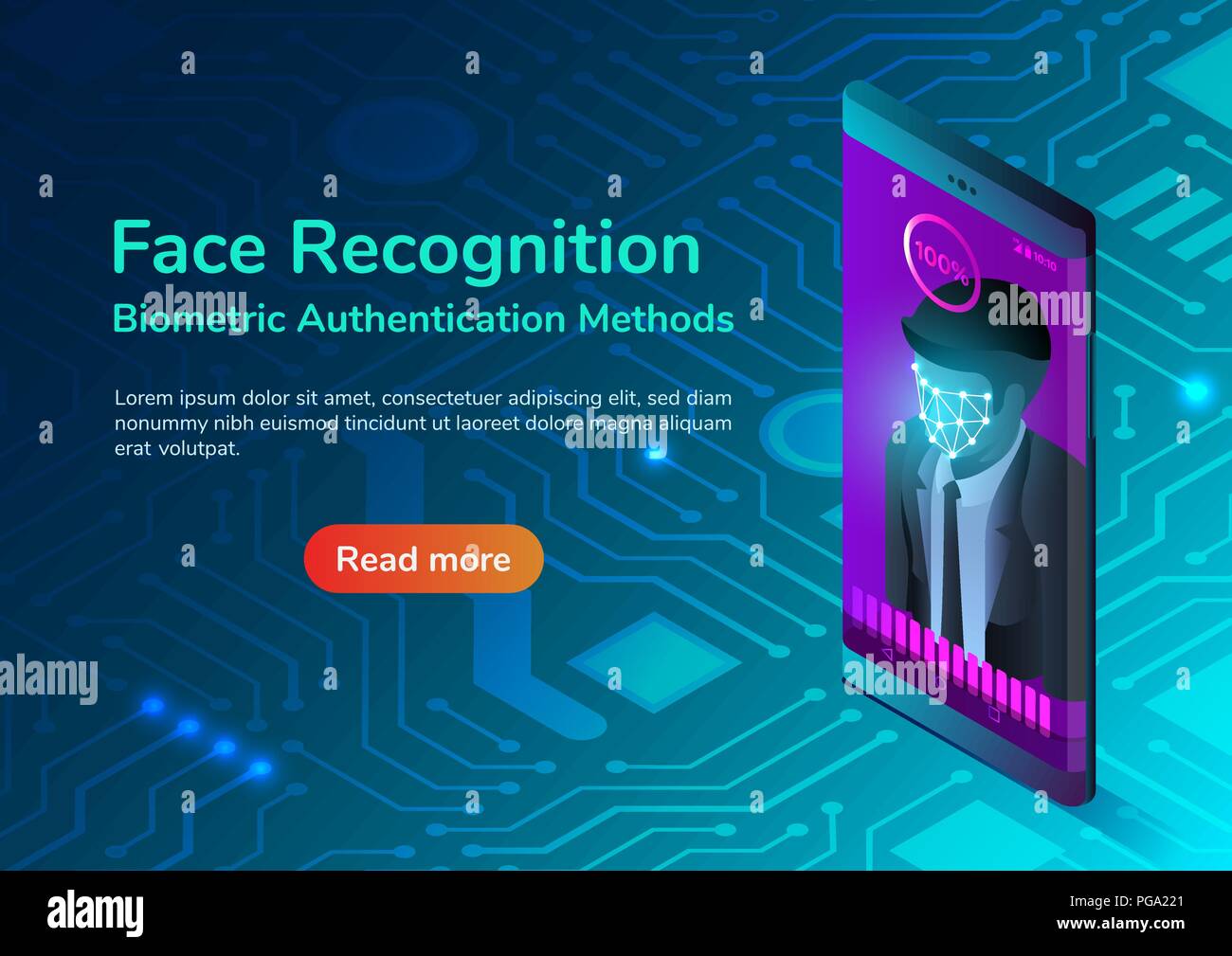 Isometrische 3d-Fahne Smartphone mit Gesichtserkennung. Gesichtserkennung und biometrische Authentifizierungsmethoden Sicherheitssystem landing page Stock Vektor