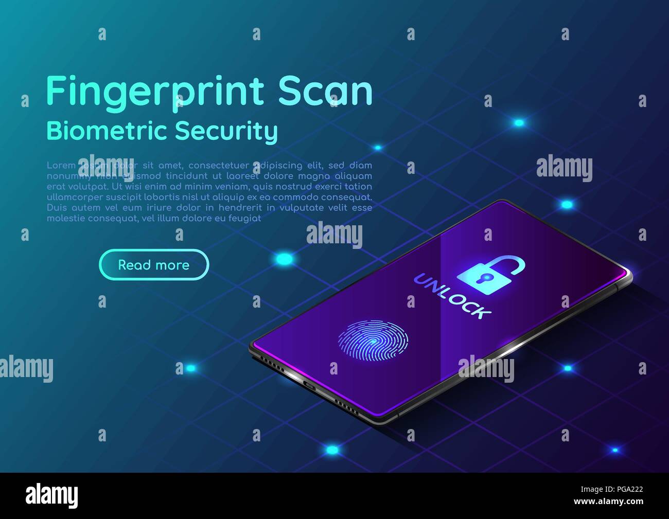 Isometrische 3d-Fahne Smartphone mit Fingerabdruck scaning System. Biometrische Authentifizierung und die Sicherheit des Systems auf dem mobilen Gerät landing page Stock Vektor