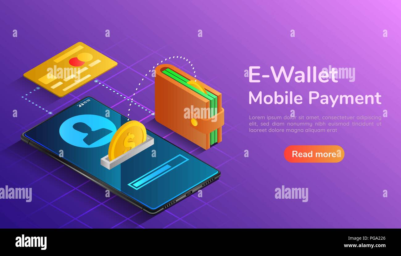 Isometrische 3d-Fahne Brieftasche und Kreditkarte und Überweisung an das Smartphone. E-Wallet und Mobile Payment Startseite Konzept. Stock Vektor