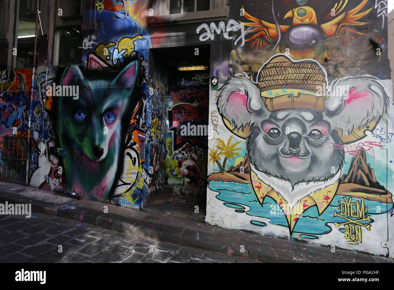 Hosier Lane, berühmten Gasse Straße Kunst (Graffiti) von Melbourne Stockfoto