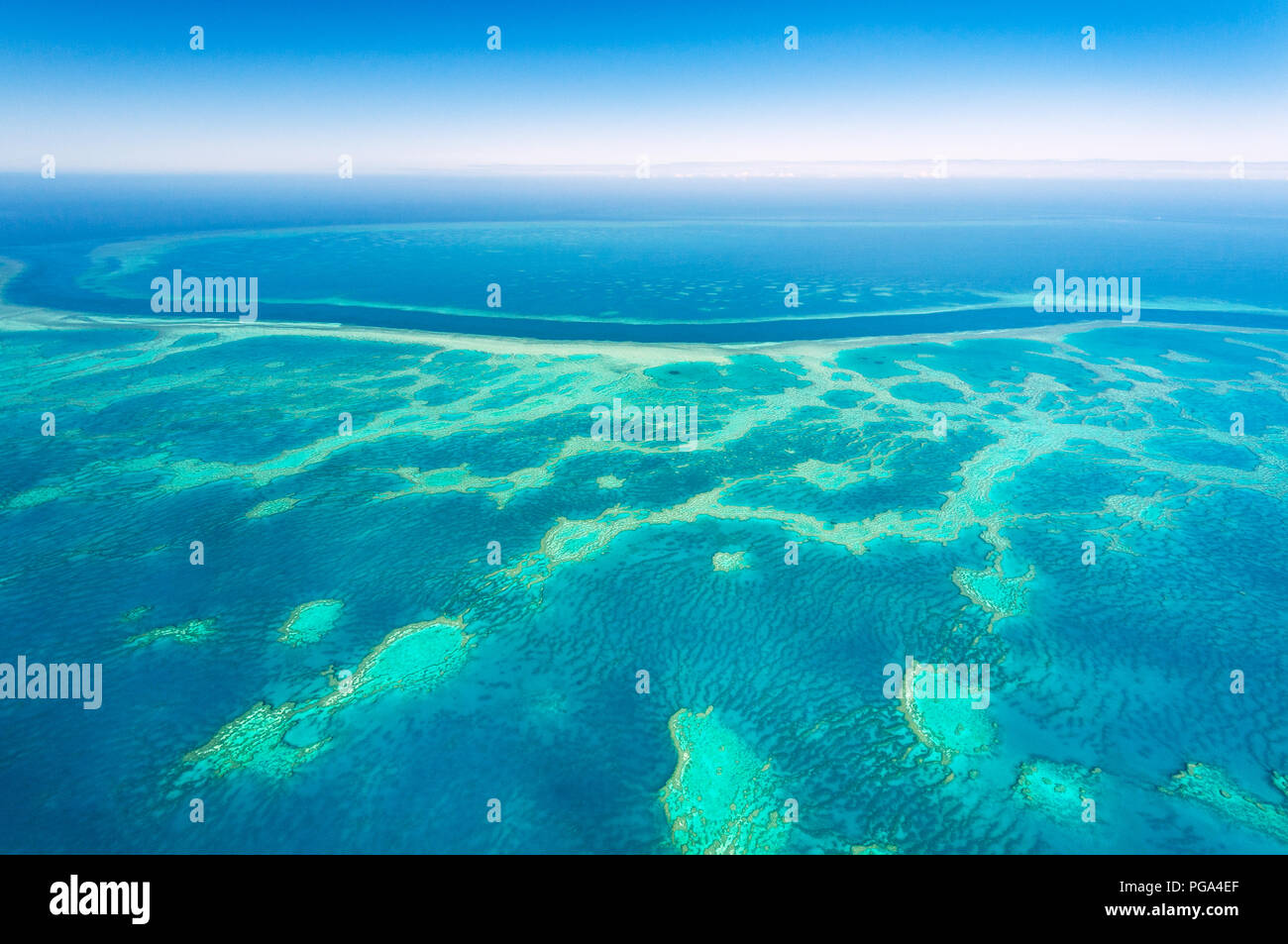 Antenne des berühmten Haken & Hardy Reef im Great Barrier Reef. Stockfoto