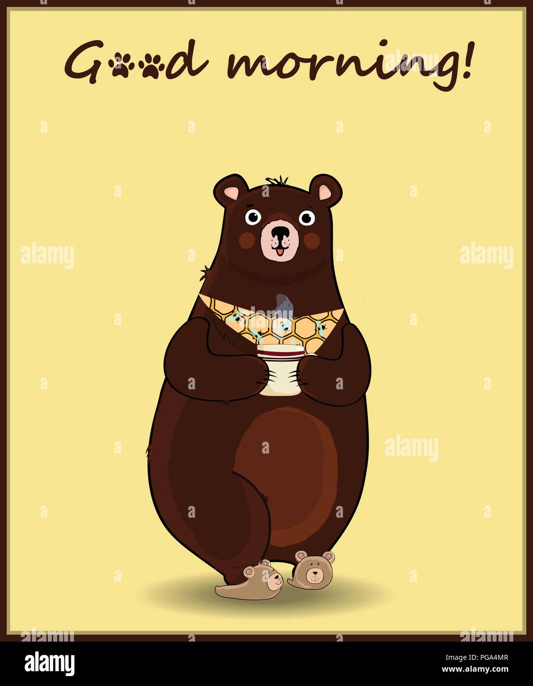 Vector Illustration cute Cartoon bear Charakter in Hausschuhen und Krawatte, Tasse mit heißem Getränk auf gelben Hintergrund mit Hand inscriptio gezeichnet Stock Vektor