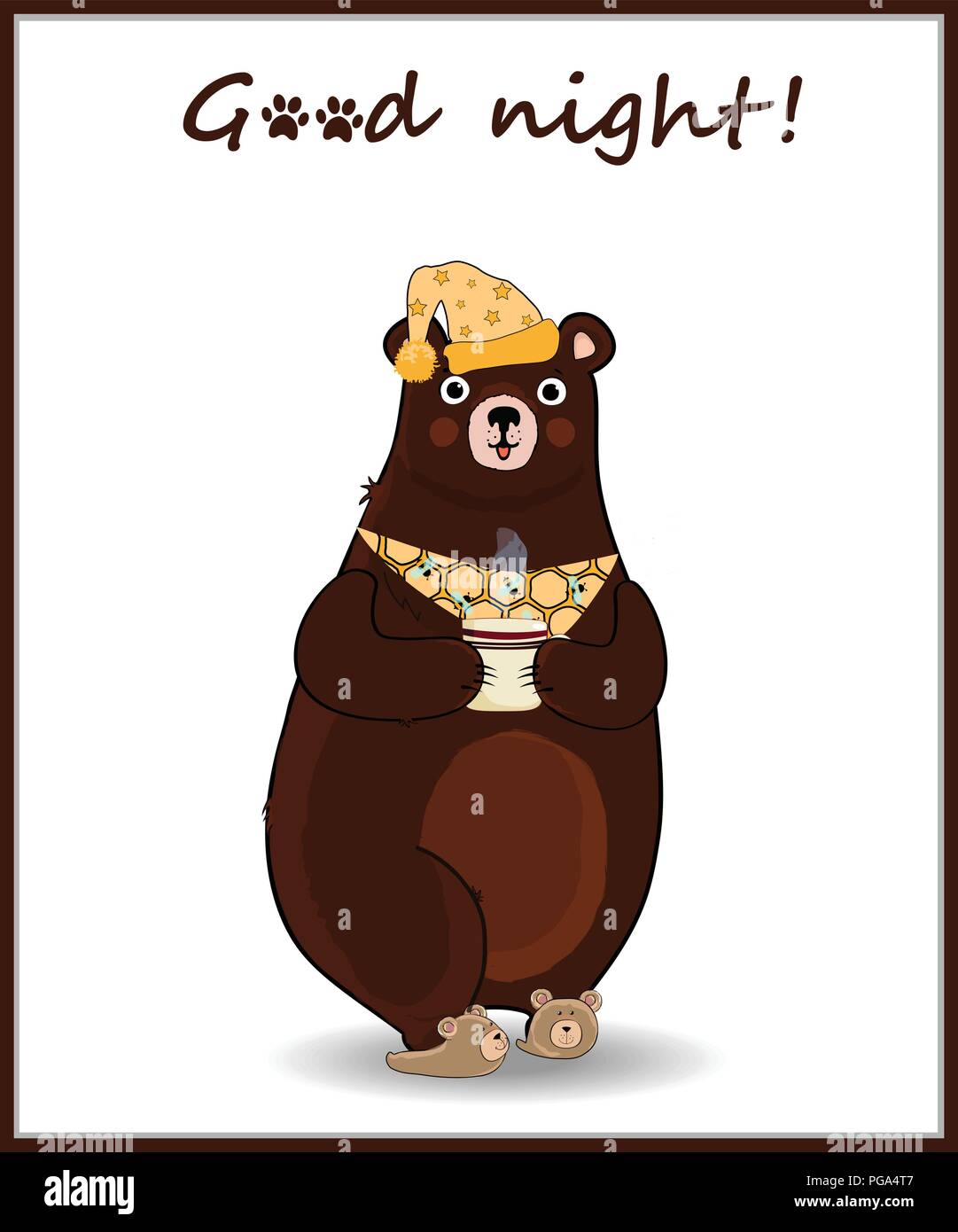 Vector Illustration von kawaii Cartoon bear Charakter in Schlaf hat und Hausschuhe, holding Tasse mit heißem Getränk auf weißem Hintergrund mit Hand gezeichnet Aufschrift Stock Vektor