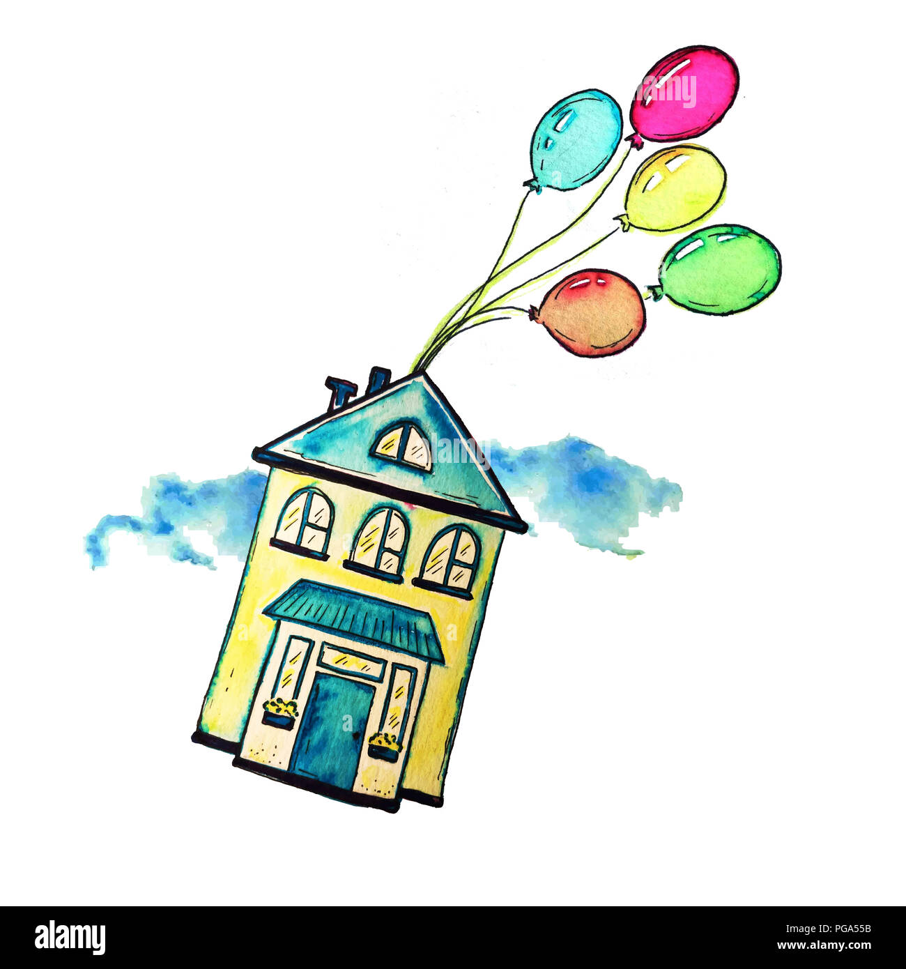 Silhouette von Cartoon Hand gezeichnet Haus in der airf. Raster Illustration, auf weißem Hintergrund. Spaß und einzigartige Vorlage für Karte, Banner, flaye Stockfoto