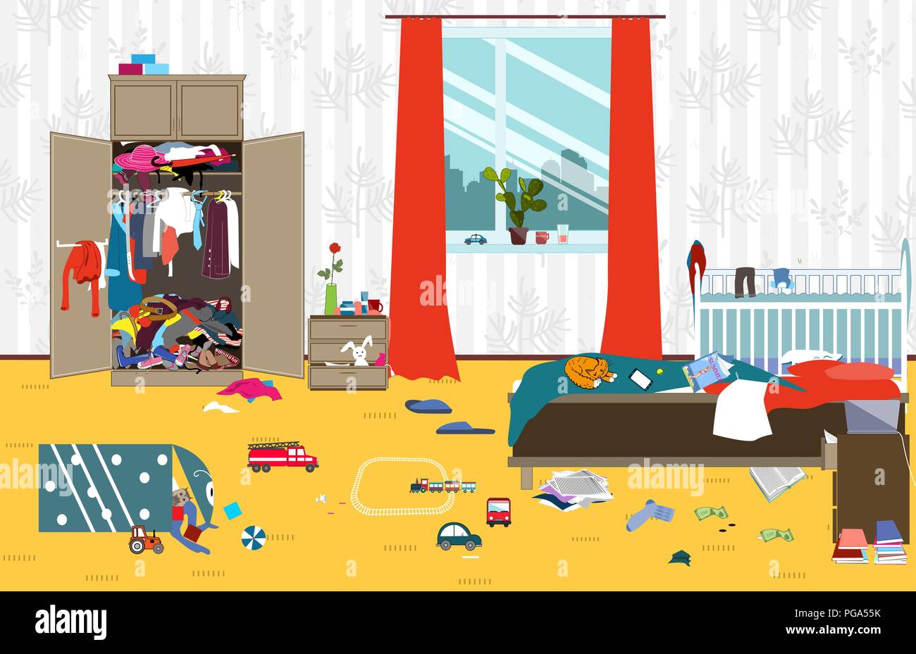 Unordentliches Zimmer, wo junge Familie mit Baby lebt. Unaufgeräumtes Zimmer. Cartoon Chaos im Zimmer. Nicht abgeholte Spielzeug, Dinge. Reinigung Vector Illustration. Stock Vektor