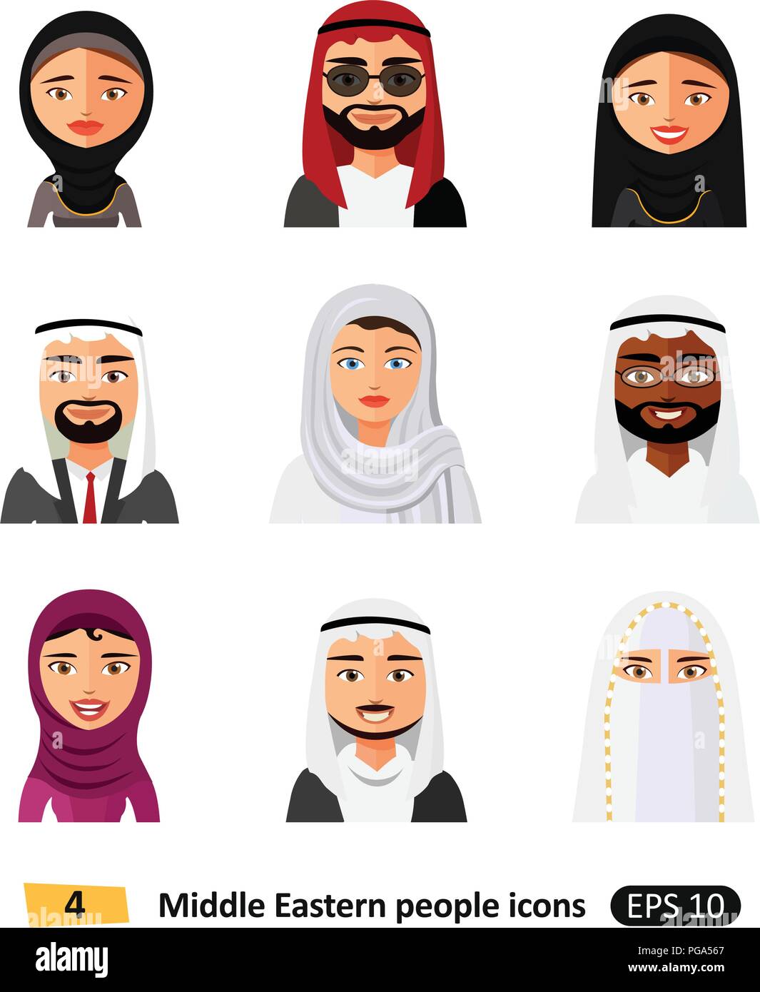 Verschiedene Menschen aus dem Nahen Osten avatar Vektor flachbild Symbole arabischen Benutzer isoliert Stock Vektor