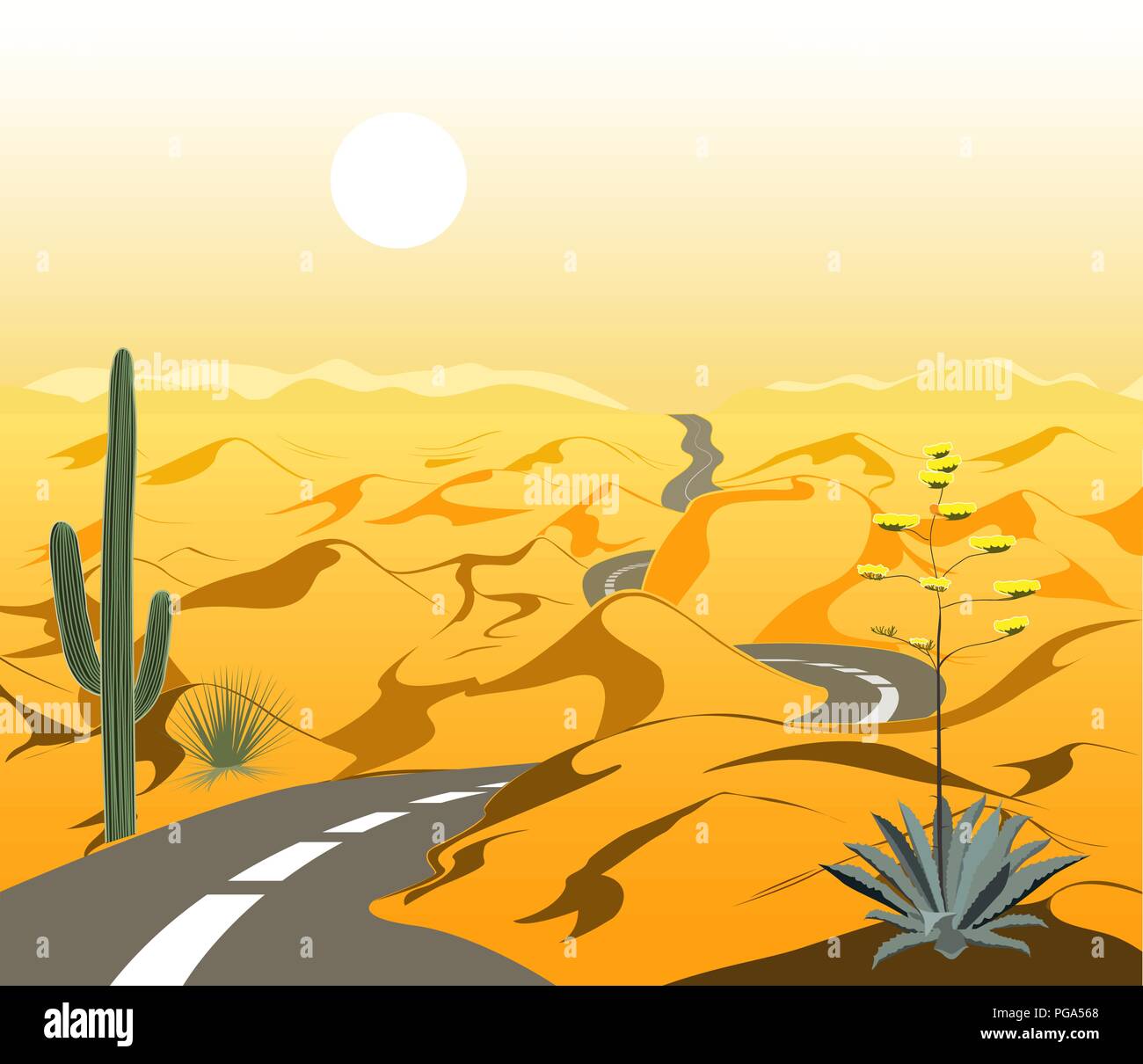 Schönen Wüstenlandschaft mit winkenden Asphaltstraße und Kakteen. Cartoon Vector Illustration. Gelb und Braun palette Stock Vektor