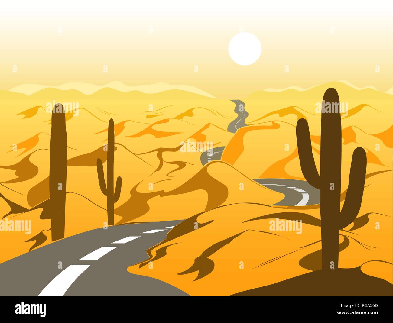 Schönen Wüstenlandschaft mit Asphalt und Kakteen. Cartoon Vector Illustration. Gelb und Braun palette Stock Vektor