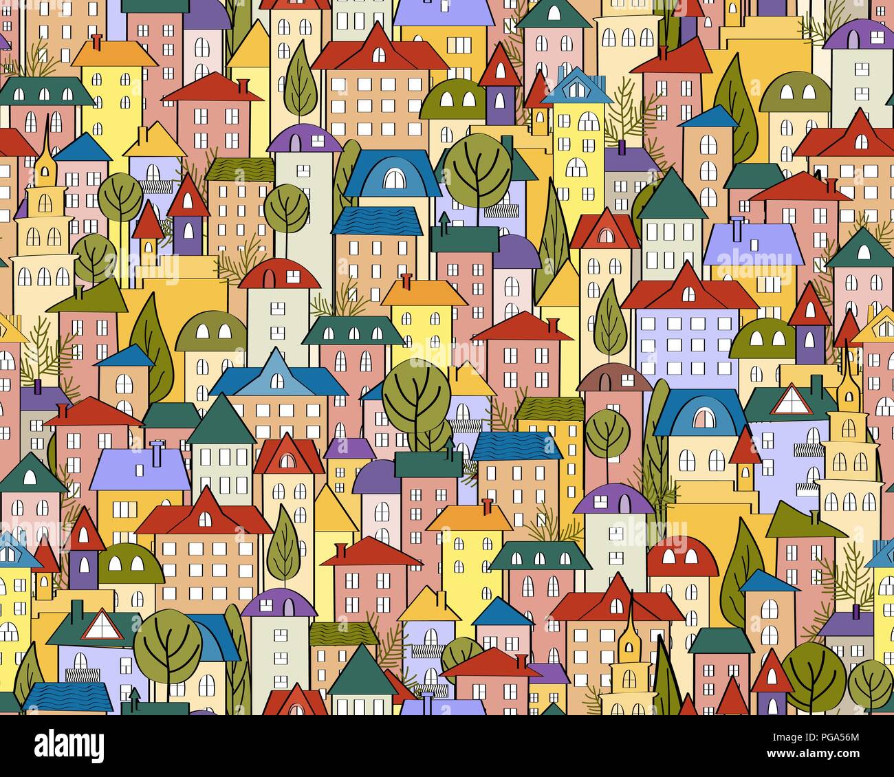 Vektor nahtlose farbigen Stadt Hintergrund mit niedlichen Häuser und Bäume. Städtische Landschaft Stock Vektor