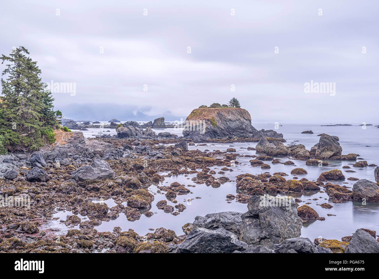 Felsige Küste am Kiesel-Strand, Crescent City, Kalifornien, USA. Stockfoto