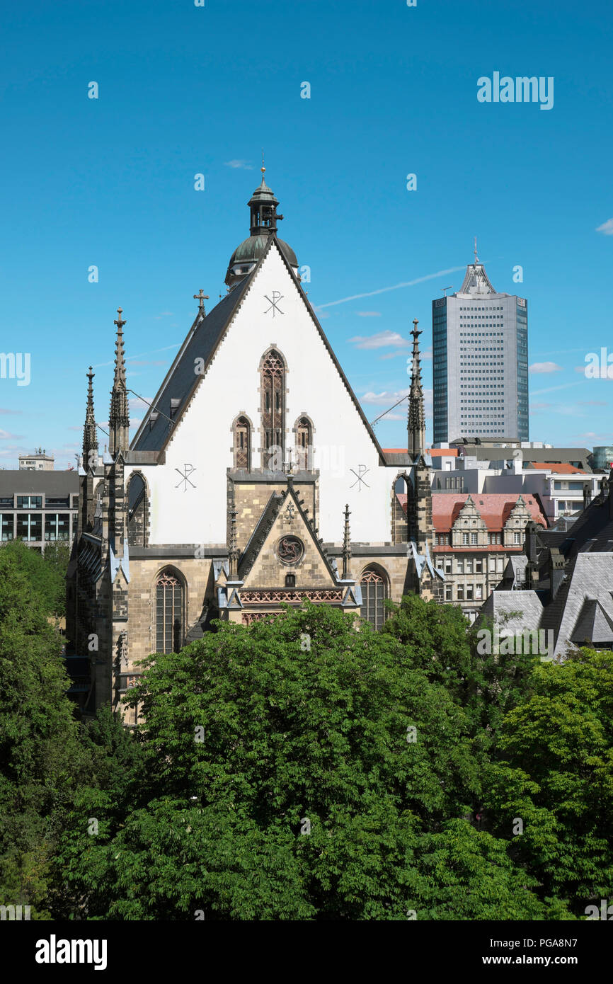 St. Thomas Kirche, Stadt Wolkenkratzer, Leipzig, Sachsen, Deutschland Stockfoto