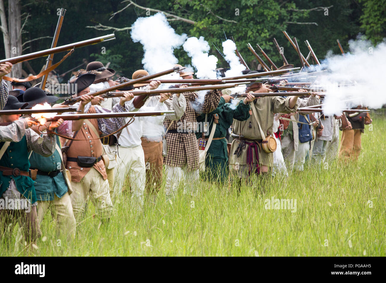 MCCONNELLS, SC (USA) - 14. Juli 2018: Die revolutionären Krieg reenactors, die amerikanischen Patrioten der Schlacht von Huck's Niederlage neu erstellen. Stockfoto