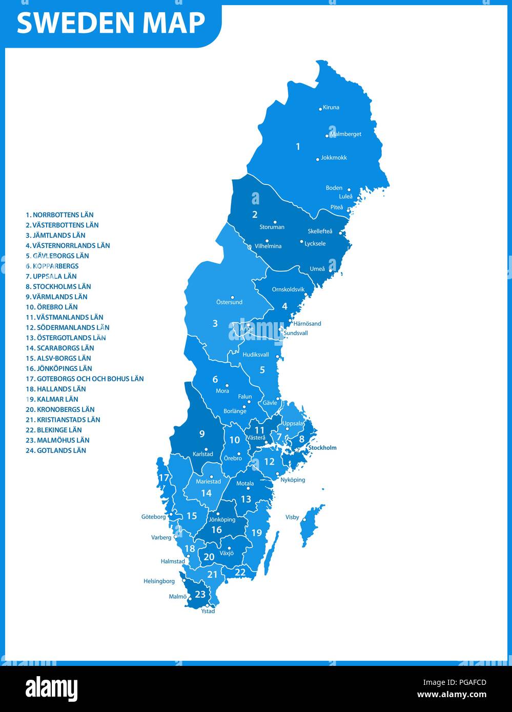 Die detaillierte Karte von Schweden mit Regionen oder Staaten und Städte, der Hauptstadt. Verwaltungseinheit. Stock Vektor