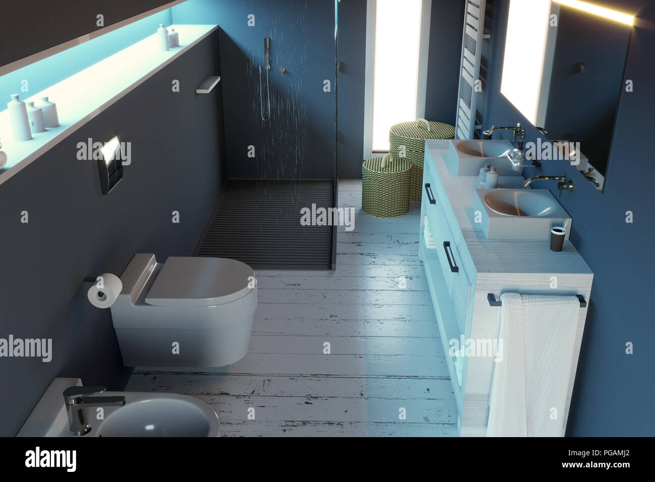 Moderne Badezimmer, komplett mit Armaturen, Dusche und Einrichtungsgegenstände. 3D-Rendering Stockfoto