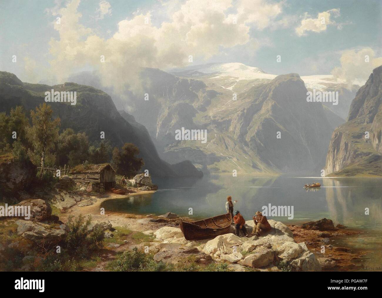 August Wilhelm Leu - Sonniger Tag ein einem norwegischen Fjord (1862). Stockfoto