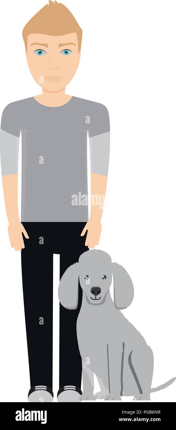 Cartoon junger Mann mit niedlichen Pudel Hund mit weißem Hintergrund, Vector Illustration Stock Vektor