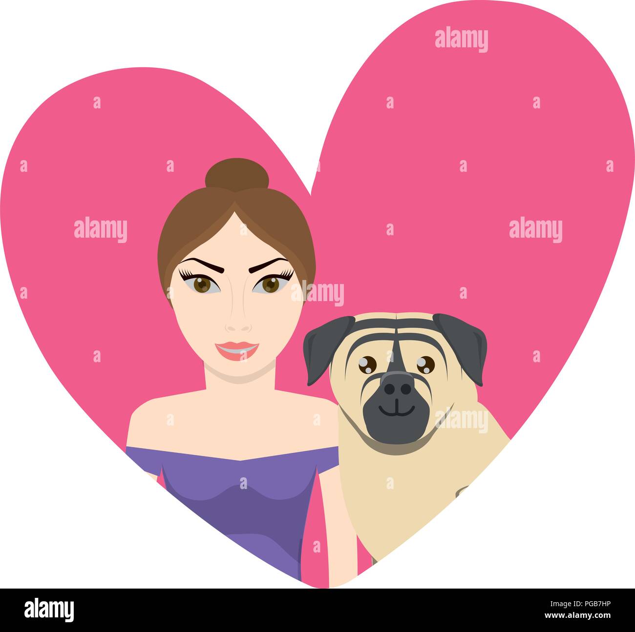 Herz mit cute woman und Mops Hund mit weißem Hintergrund, Vector