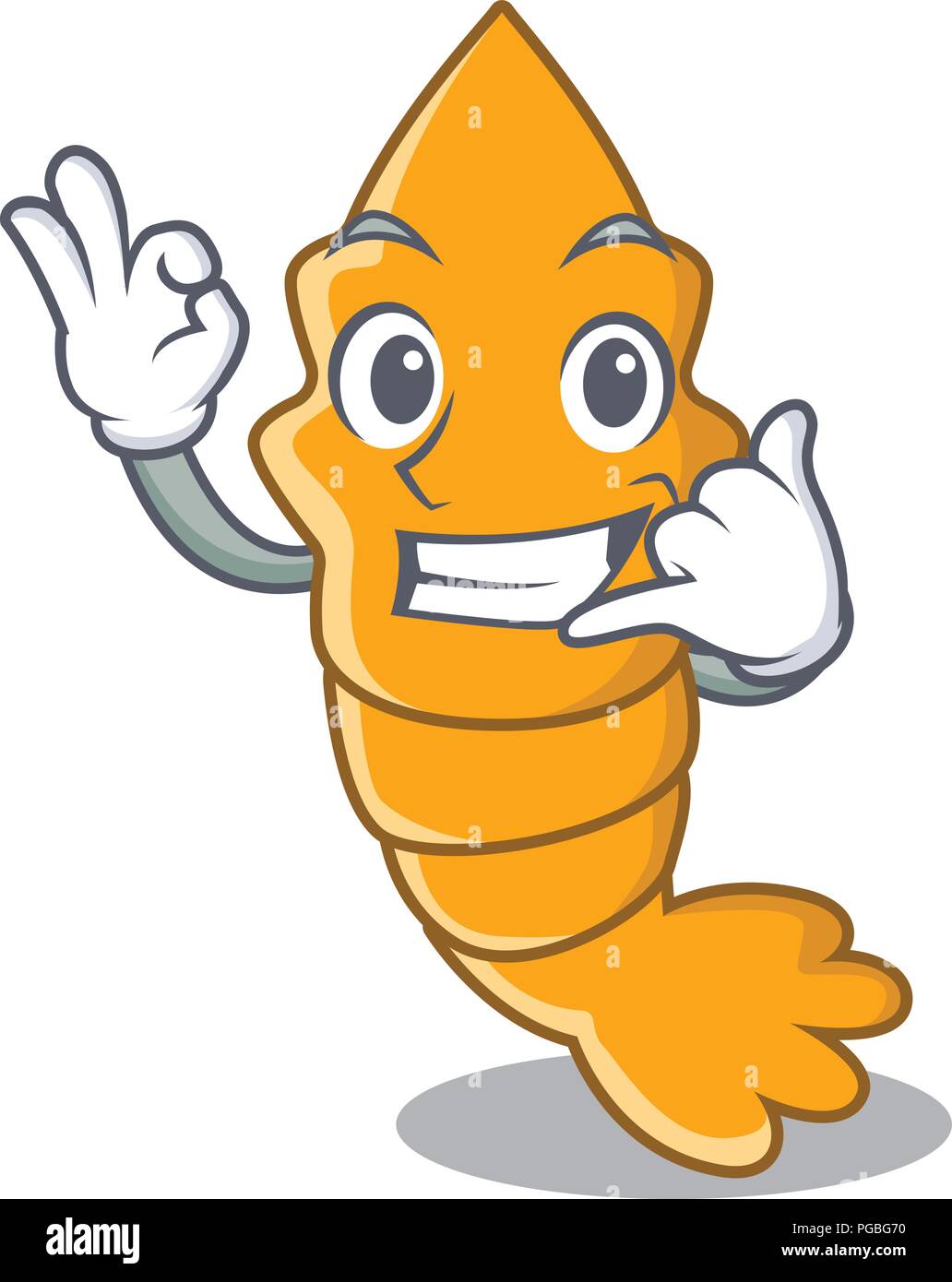 Rufen Sie mich an gedämpfte frische rohe Garnelen auf Maskottchen Karikatur Vector Illustration Stock Vektor