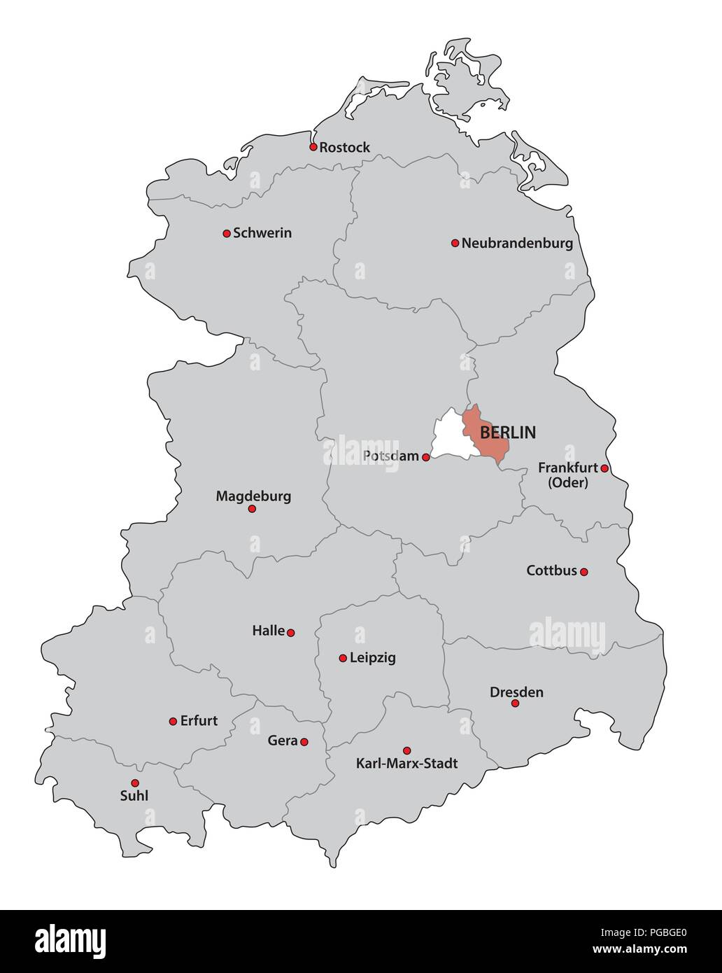 Verwaltungs- und politisch-administrative Karte der ehemaligen Deutschen Demokratischen Republik DDR.. Stock Vektor