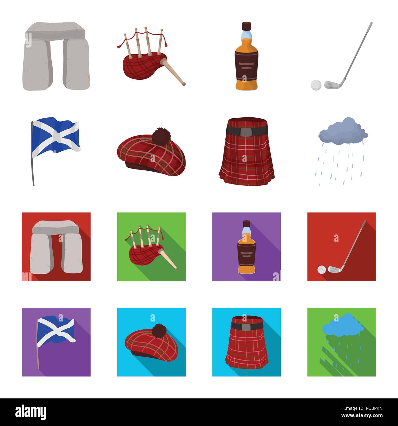 Flagge, Kilt, Regenwetter, cap. Schottland land Sammlung Icons im Cartoon, flacher Stil vektor Symbol lieferbar Abbildung. Stock Vektor