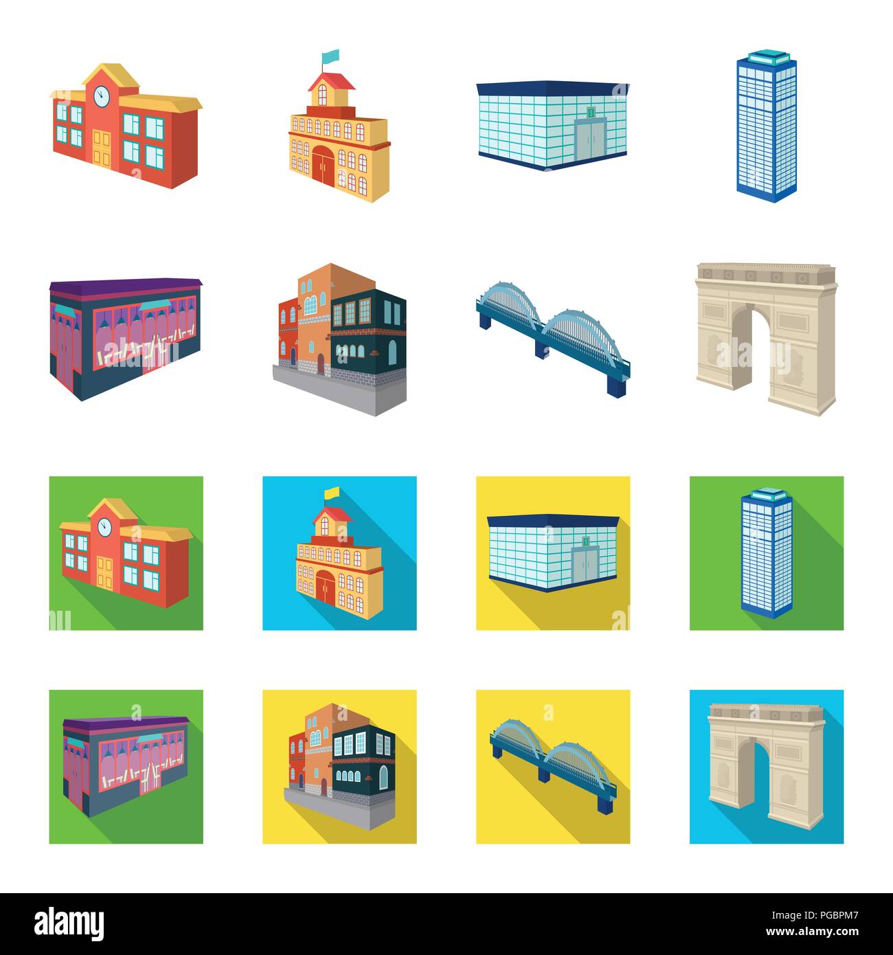 Arc de Triomphe in Paris, verstärkten Brücke, cafe Gebäude, Haus in skandinavischem Stil. Architektur und Gebäude Sammlung Icons im Cartoon, Fl Stock Vektor