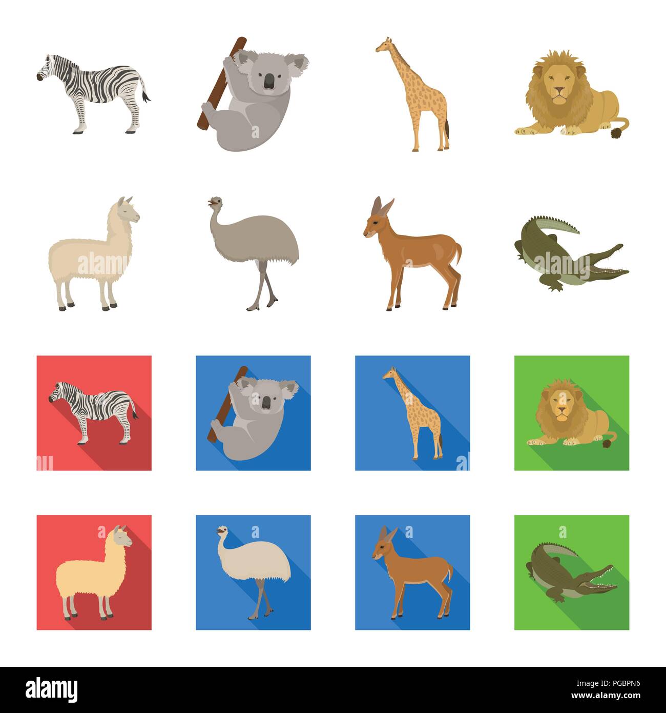 Lama, Strauß emu, jungen Antilope, Krokodil. Wildes Tier, Vogel, Reptil set Sammlung Icons im Cartoon, flacher Stil vektor Symbol lieferbar illustr Stock Vektor