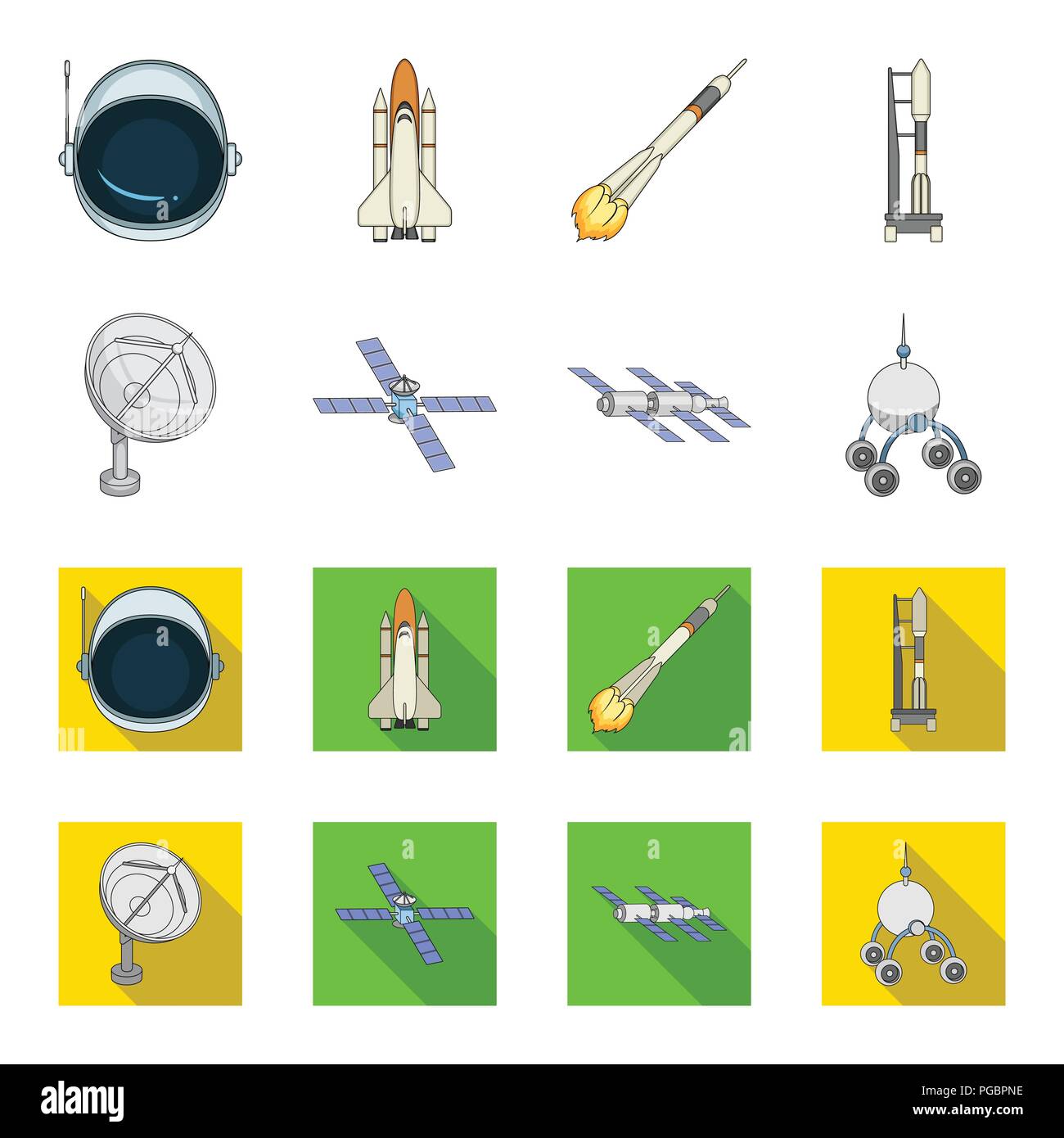 Radio Radar, Docking im Raum Raumfahrzeuge, lunokhod. Space Technology set Sammlung Icons im Cartoon, flacher Stil vektor Symbol lieferbar Abbildung. Stock Vektor