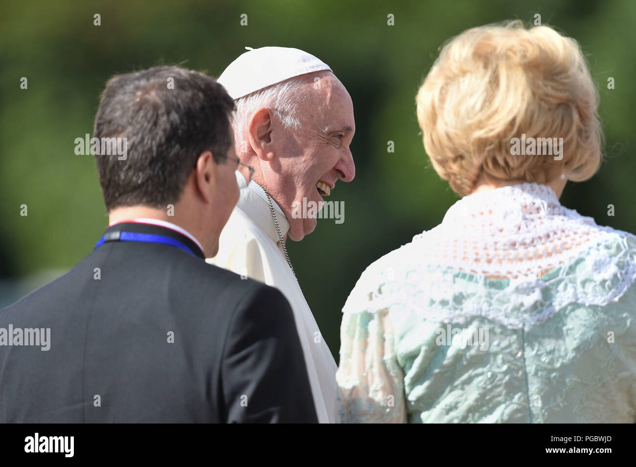 Papst Franziskus bei einem Treffen mit irischen Präsidenten Michael D Higgins, bei Aras eine Uachtarain in Phoenix Park, Dublin, als Teil seines Besuchs in Irland. Stockfoto