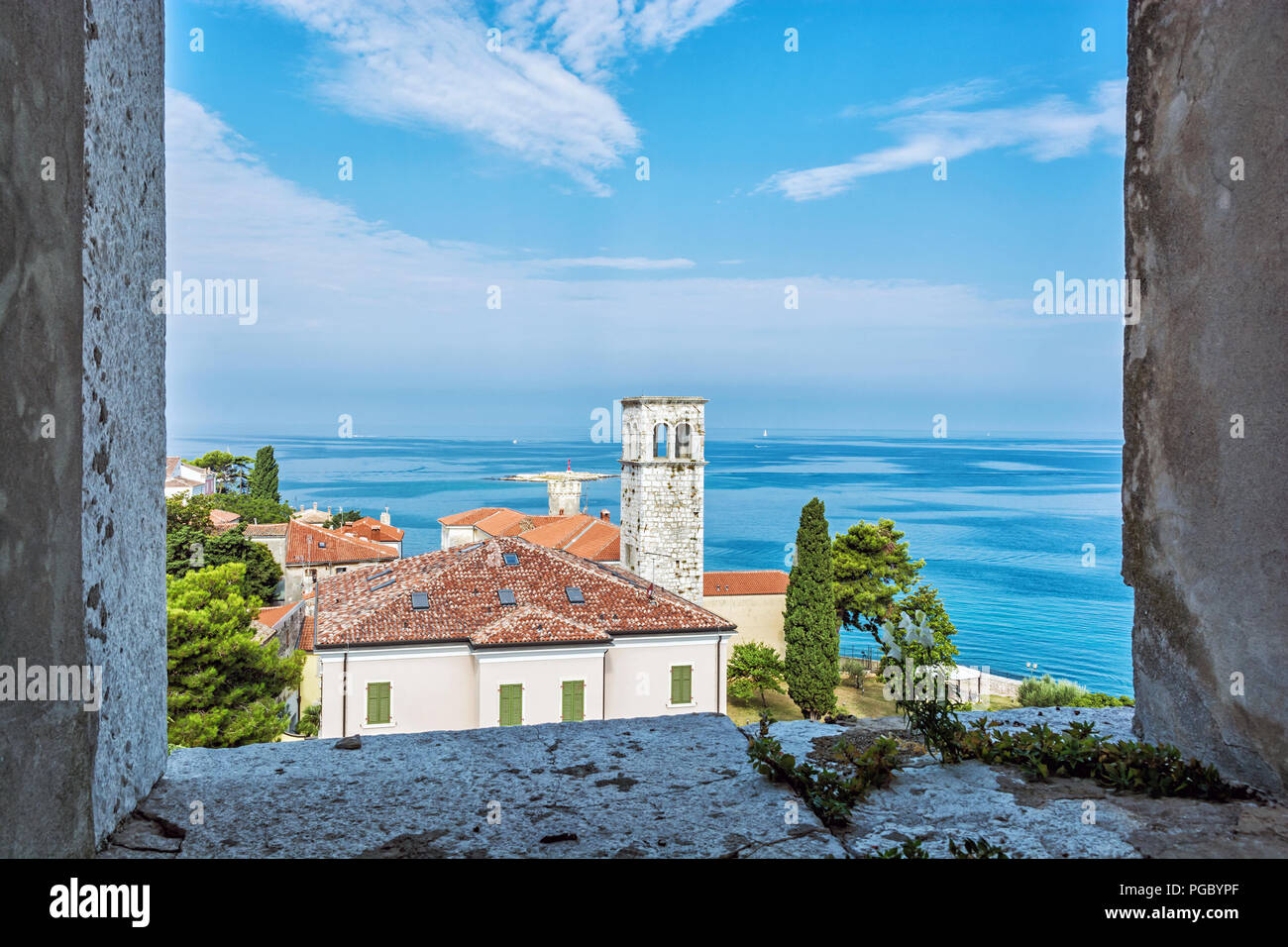 Blick vom Kirchturm der Euphrasius-basilika, Porec, Istrien, Kroatien. Reiseland. Architektonische Thema. Stockfoto