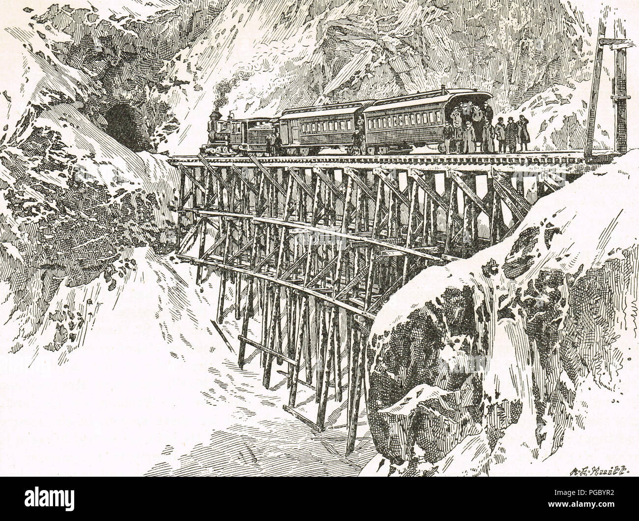 Erster Personenzug über den White Pass und Yukon Route, auf der Suche nach Gold, Klondike Gold Rush Stockfoto