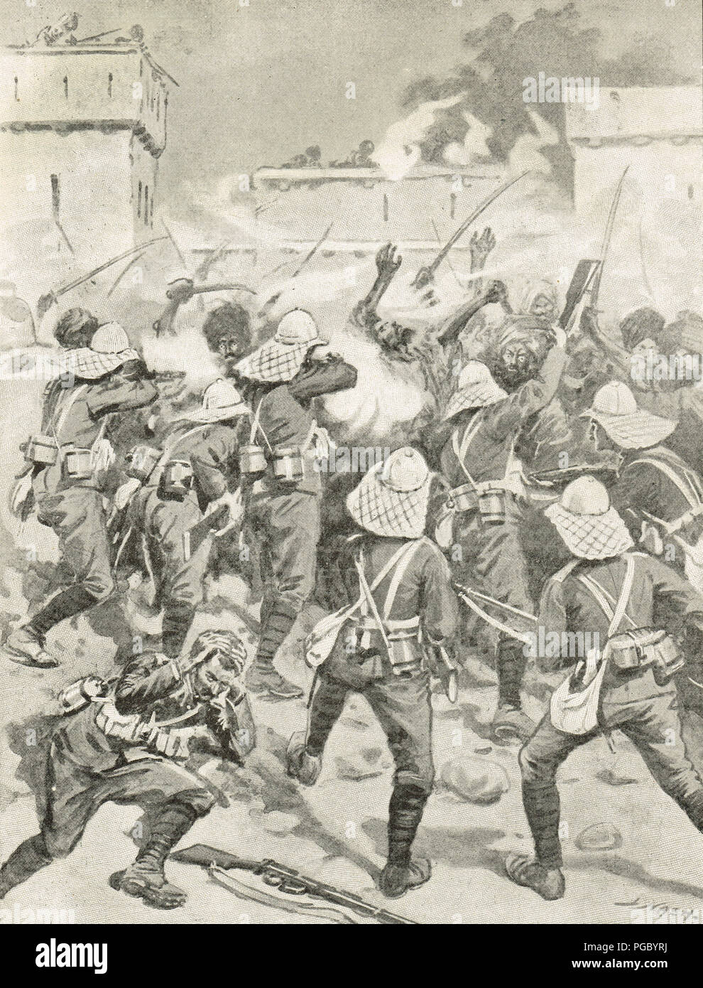 Britische Soldaten Löschen eines Mohmand Dorf, Mohmand Kampagne von 1897-98 Stockfoto