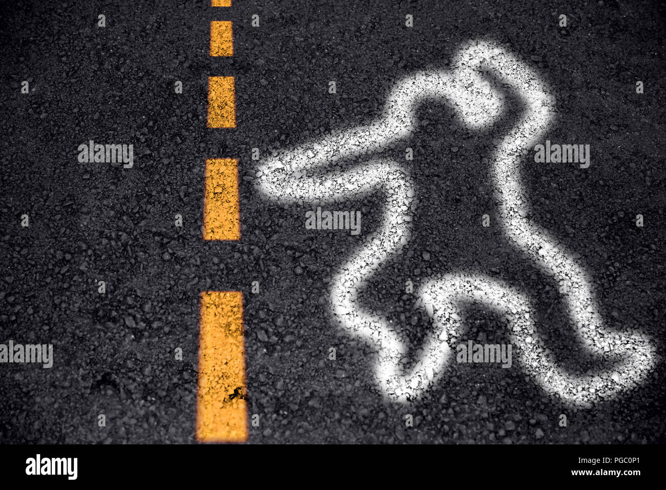 Menschen Tod vom Autounfall Zeichen der Körper Sprühfarbe auf Asphalt Stockfoto