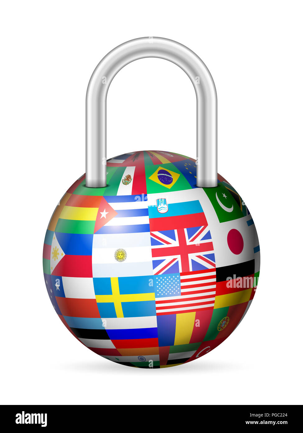 Vorhängeschloss Welt Flaggen auf einem weißen Hintergrund. Stockfoto