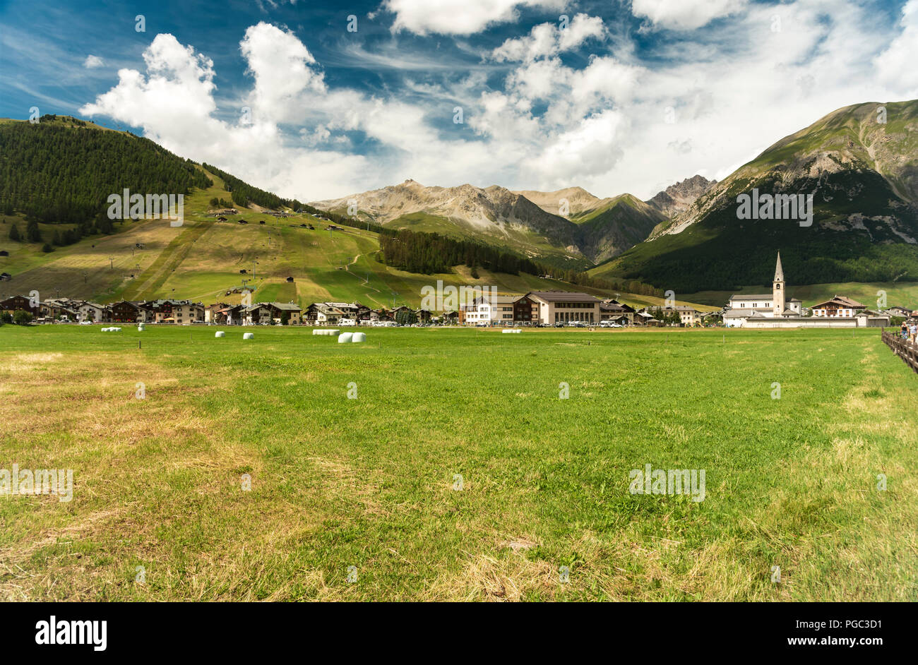 Blick auf das Skigebiet von Livigno im Sommer über eine grüne Wiese Weide für Tiere eingebettet unter schroffen Gipfel der Alpen in den italienischen Alpen in Lomb Stockfoto