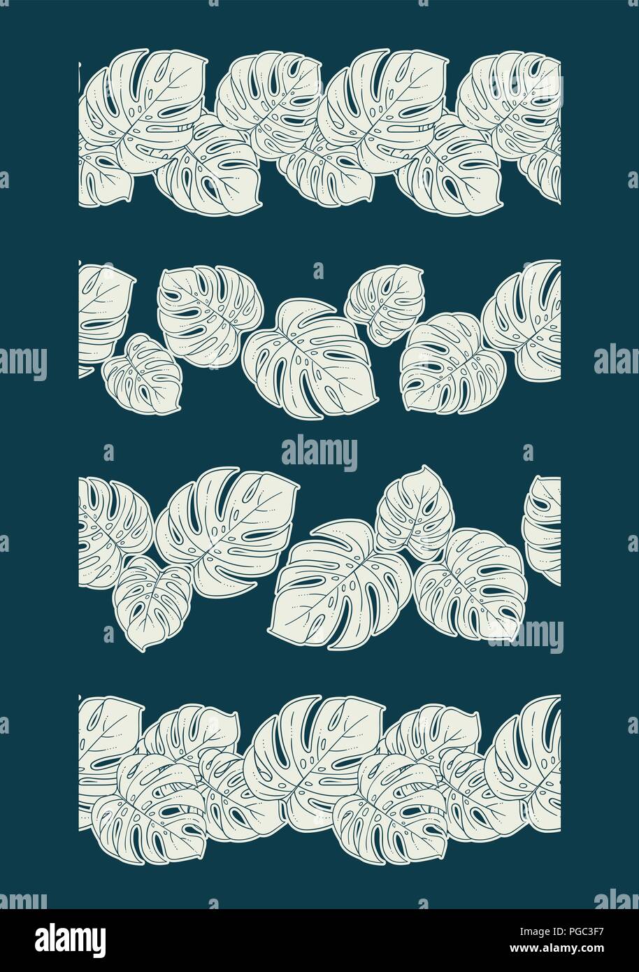 Monstera nahtlose grenzüberschreitende Teiler einstellen oder Sammlung von vertikalen Dekorative wiederholen Ornament in Weiß und Blau Stock Vektor