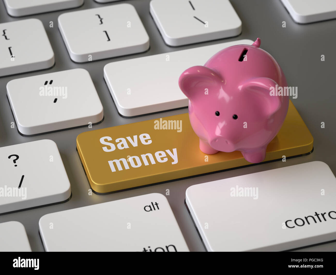 Sparen Sie Geld Taste auf der Tastatur, 3D-Rendering, konzeptionelle Bild. Stockfoto