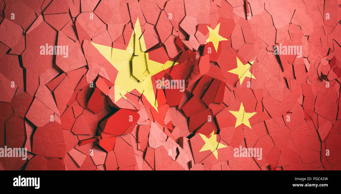 China Krise. Chinesische Flagge auf gerissene Wand Hintergrund. 3D-Darstellung Stockfoto