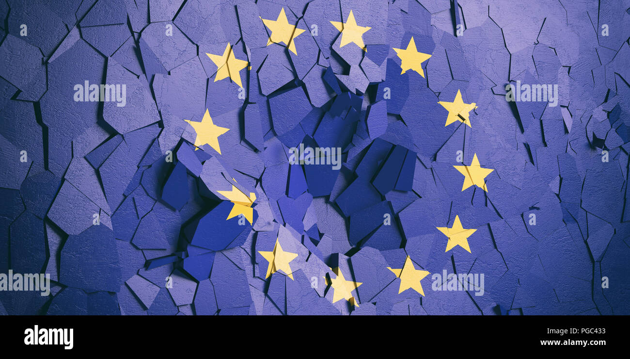 EU-Krise. Fahne der Europäischen Union auf gerissene Wand Hintergrund. 3D-Darstellung Stockfoto