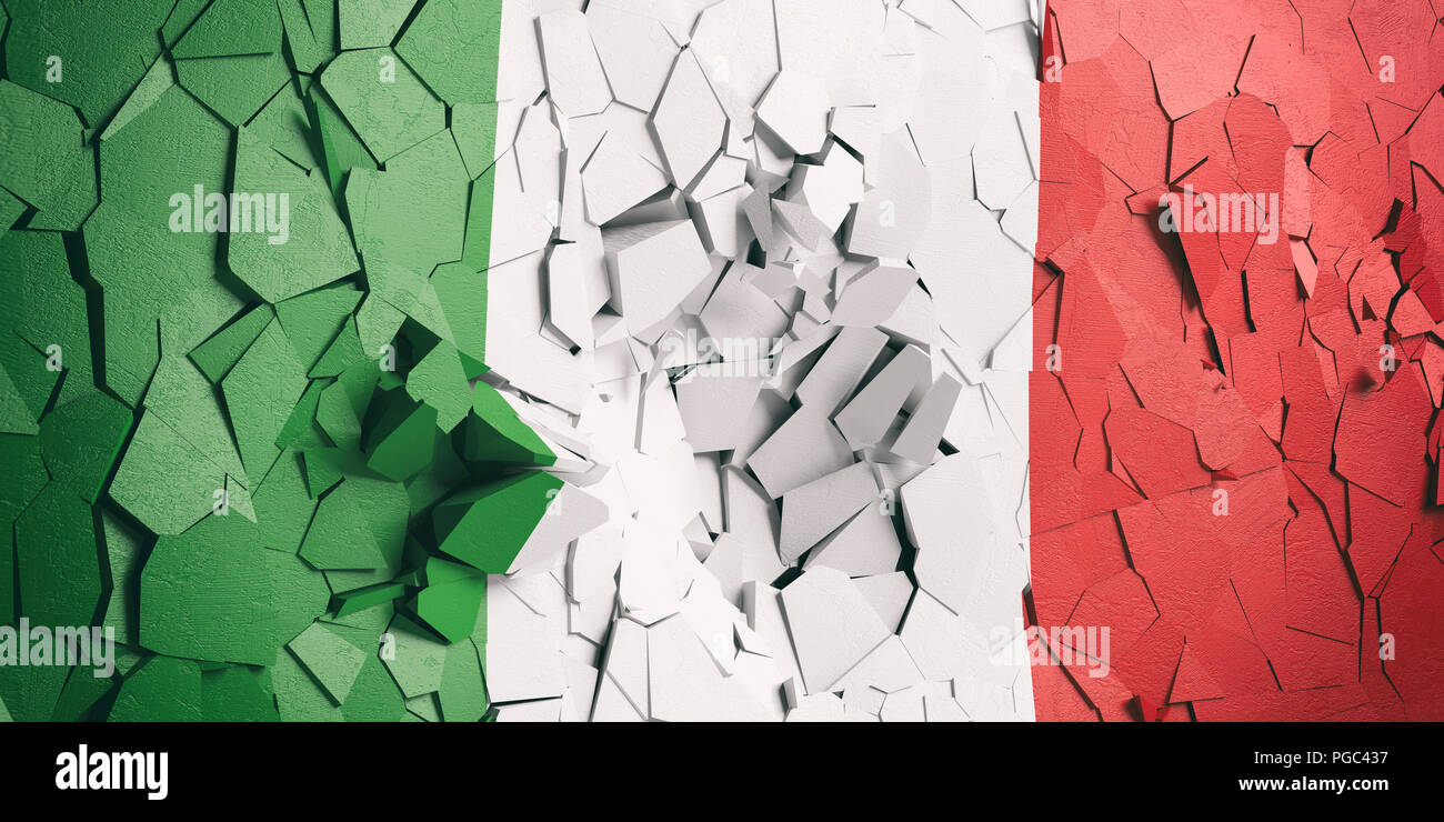 Italienische Krise. Italien Flagge auf gerissene Wand Hintergrund. 3D-Darstellung Stockfoto