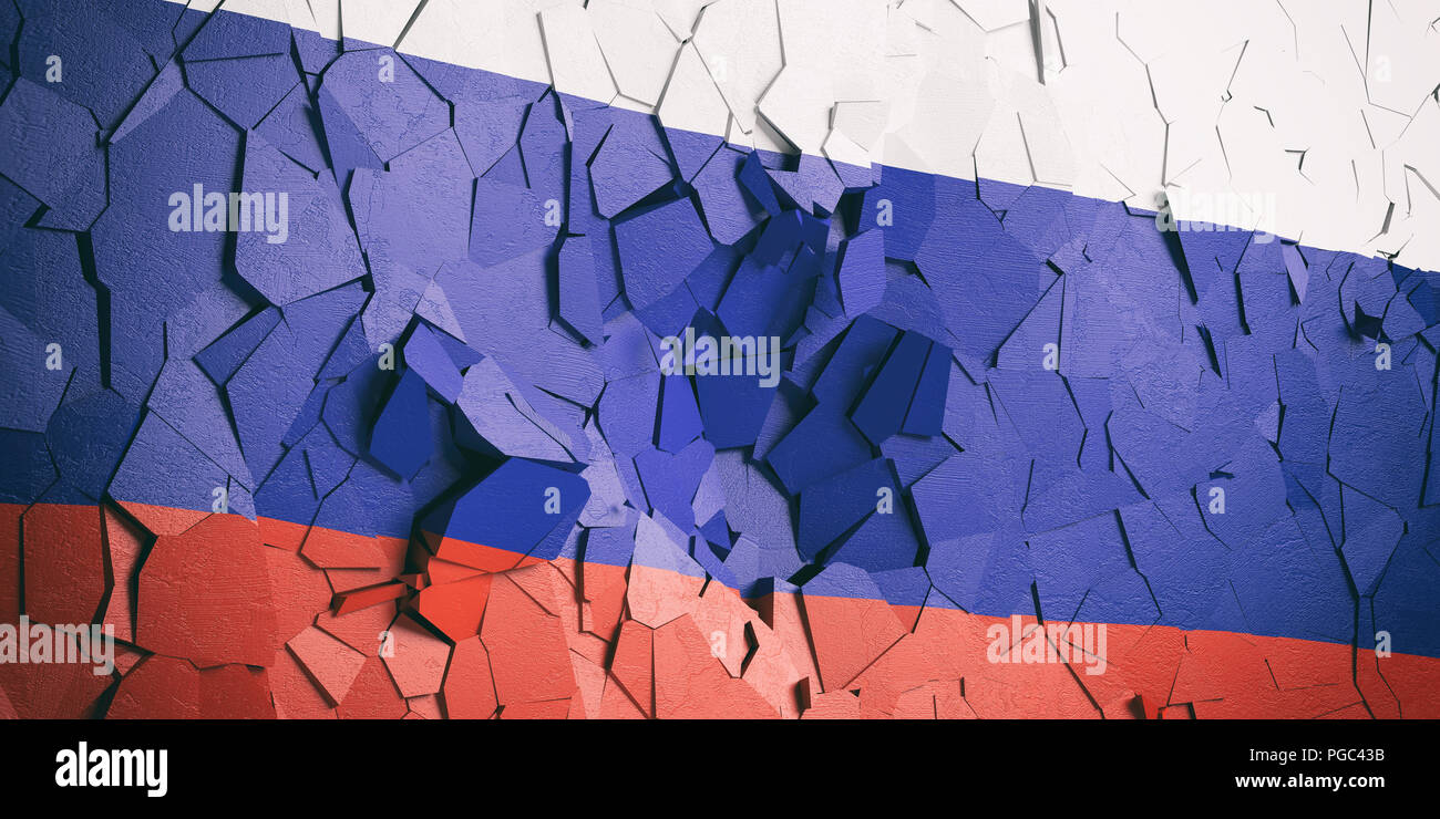 Russische Krise. Russland Flagge auf gerissene Wand Hintergrund. 3D-Darstellung Stockfoto
