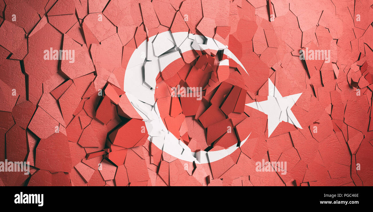 Krise in der Türkei. Türkische Flagge auf gerissene Wand Hintergrund. 3D-Darstellung Stockfoto