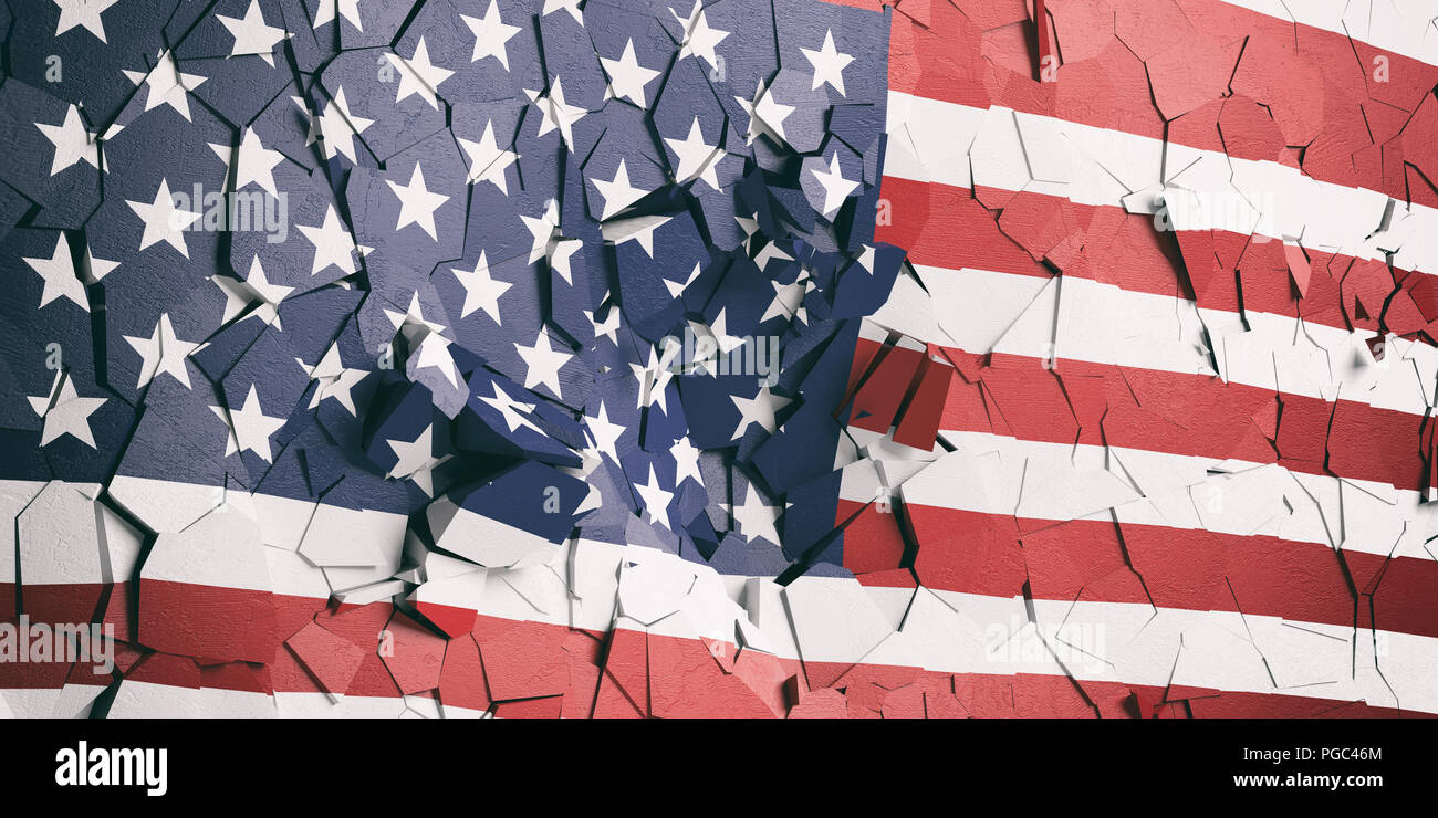 USA Krise. Vereinigte Staaten von Amerika Flagge auf gerissene Wand Hintergrund. 3D-Darstellung Stockfoto