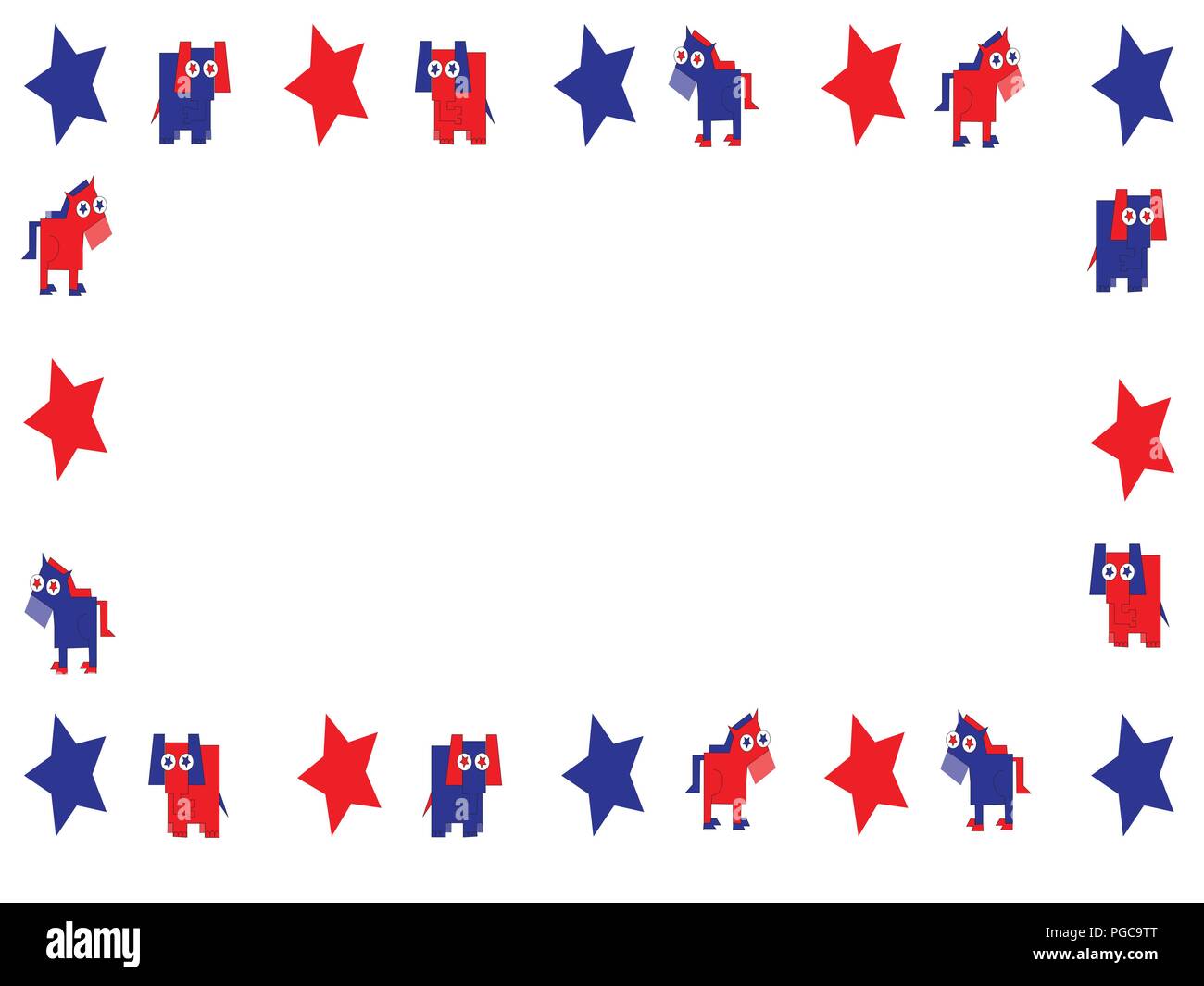 Rot, Weiß und Blau GOP Elefant und der Demokrat Esel mit Sterne in Rand oder Rahmen mit kopieren. Stock Vektor