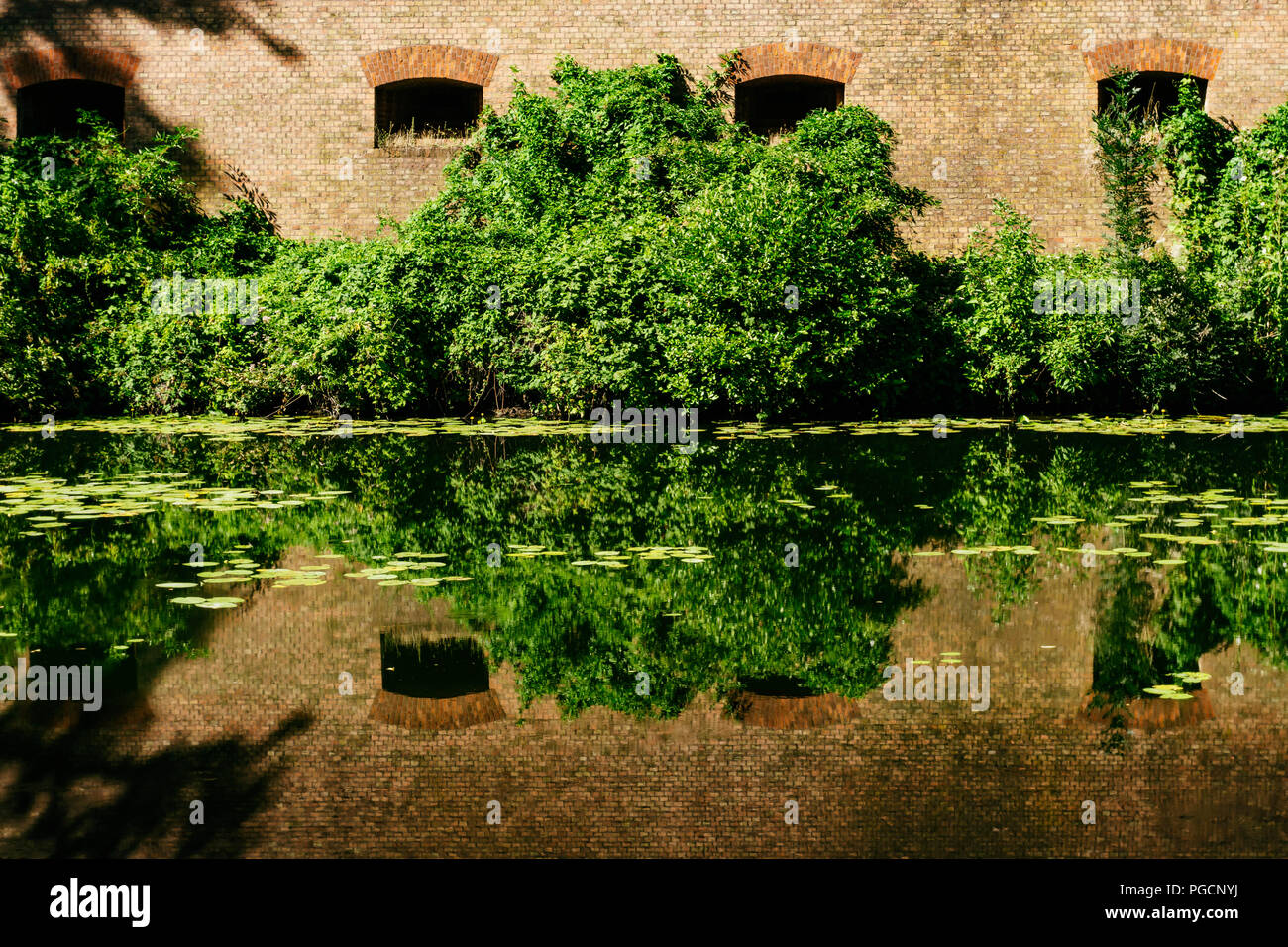 Berlin, Deutschland, 25. Juli 2018: Zitadelle Spandau mit Wand- und Sträuchern spiegelt sich im Wasser des Kanals Stockfoto