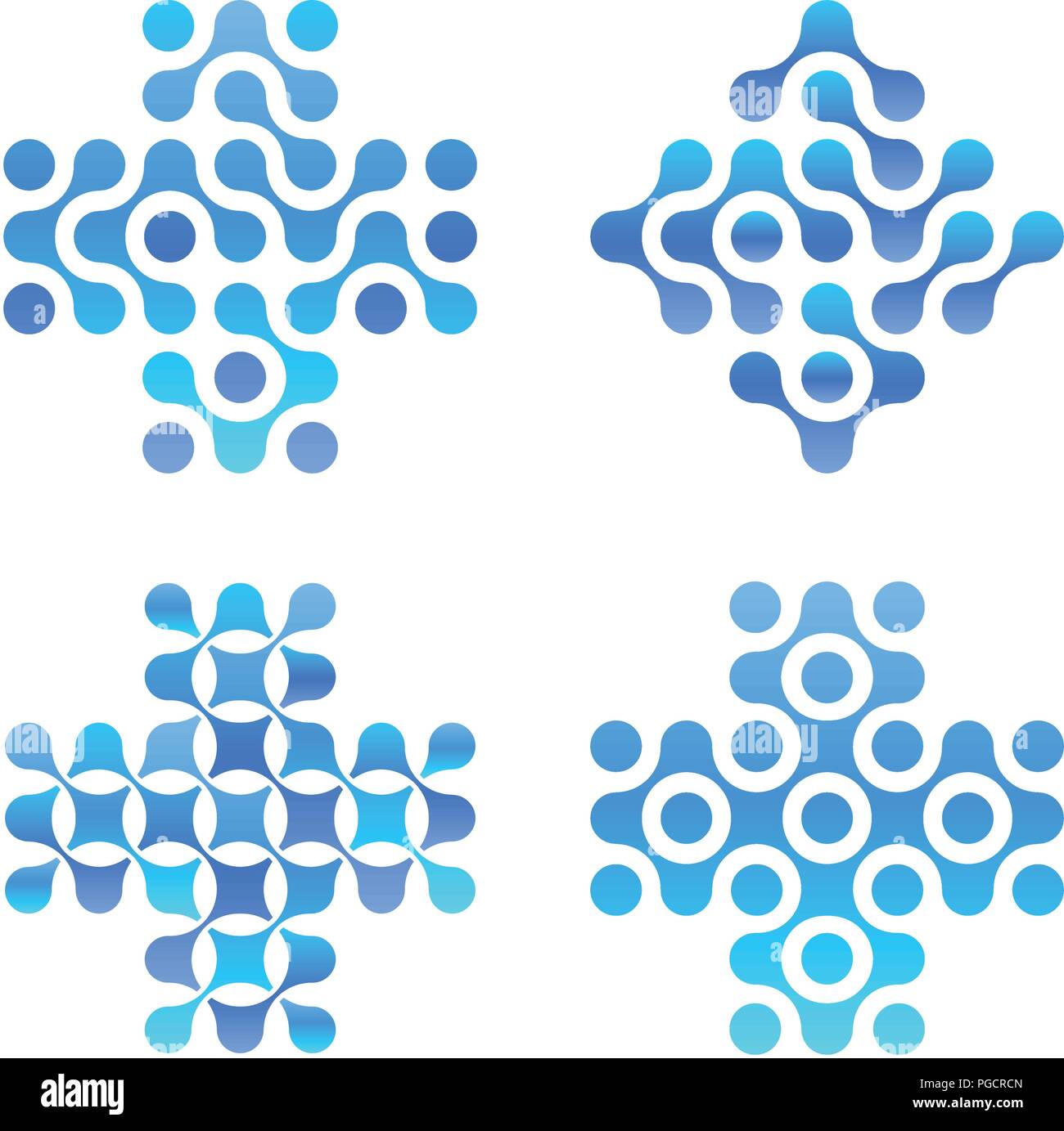 Punkte kreuz Logo. Blaue Kreise Formen, sauberes Wasser Schriftzug. Abstrakte Apotheke Zeichen. Neue Technologie, medizinische Vektor Symbol. Stock Vektor