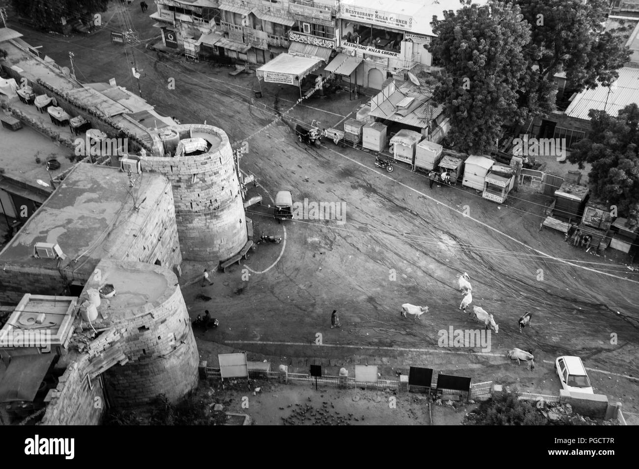 Antenne Straße Blick vom Fort in Jaisalmer. Stockfoto