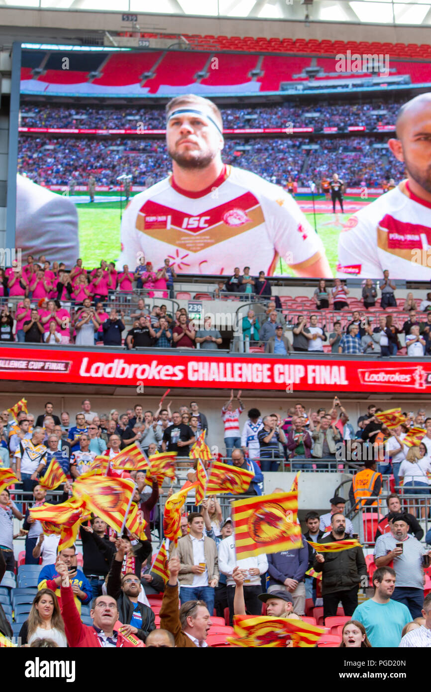 Wembley Stadion, London, UK. Samstag, 25. August 2018 - Die 117 Inszenierung der Ladbrokes Challenge Cup Rugby League Finale im Wembley Stadium zwischen Warrington Wölfe (die Leitung) und Katalanisch Drachen. Beide Mannschaften spielen in der Super League Credit: John Hopkins/Alamy leben Nachrichten Stockfoto