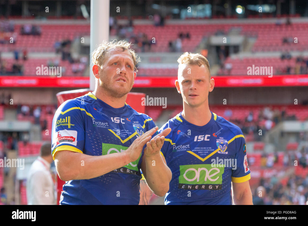 London, Großbritannien. 25 Aug, 2018. Samstag, 25. August 2018 - Die 117 Inszenierung der Ladbrokes Challenge Cup Rugby League Finale im Wembley Stadium zwischen Warrington Wölfe (die Leitung) und Katalanisch Drachen. Beide Mannschaften spielen in der Super League Credit: John Hopkins/Alamy leben Nachrichten Stockfoto