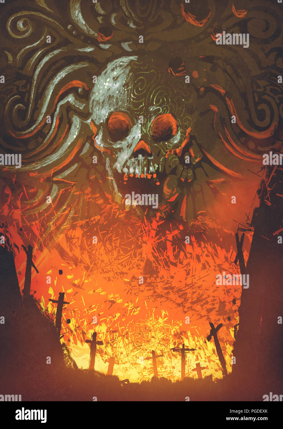 Brennende Friedhof im Schädel, Höhle, digital art Stil, Illustration Malerei Stockfoto